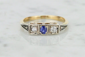 ANTIQUE ART DEC0 c1920 SAPPHIRE & DIAMOND TRILOGY RING ON 18ct YELLOW GOLD & PLATINUM