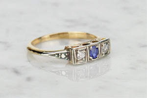 ANTIQUE ART DEC0 c1920 SAPPHIRE & DIAMOND TRILOGY RING ON 18ct YELLOW GOLD & PLATINUM