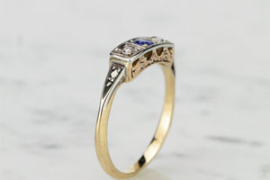 ANTIQUE ART DEC0 c1920 SAPPHIRE & DIAMOND TRILOGY RING ON 18ct YELLOW GOLD & PLATINUM