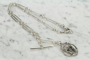 ANTIQUE EDWARDIAN STERLING SILVER FETTER CHAIN WITH T BAR & PRESENTATION FOB