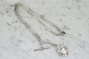 ANTIQUE EDWARDIAN STERLING SILVER FETTER CHAIN WITH T BAR & PRESENTATION FOB