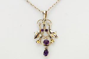 ANTIQUE EDWARDIAN c1910 AMETHYST LAVALIERE ON 9ct YELLOW GOLD