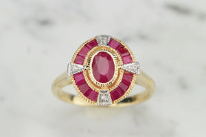 MODERN LATE EDWARDIAN/EARLY ART DECO STYLE .86ct RUBY & DIAMOND RING ON 9ct YELLOW GOLD