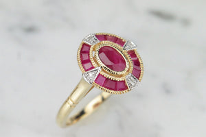 MODERN LATE EDWARDIAN/EARLY ART DECO STYLE .86ct RUBY & DIAMOND RING ON 9ct YELLOW GOLD