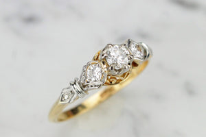 ANTIQUE EDWARDIAN c1910 DIAMOND TRILOGY RING ON 18ct YELLOW GOLD AND PLATINUM