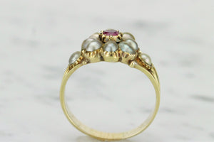 ANTIQUE GEORGIAN c1830-37 RUBY AND SEED PEARL CLUSTER RING ON 18ct YELLOW GOLD