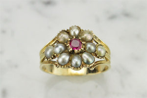 ANTIQUE GEORGIAN c1830-37 RUBY AND SEED PEARL CLUSTER RING ON 18ct YELLOW GOLD