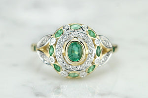 MODERN ART NOUVEAU STYLE EMERALD AND DIAMOND RING ON 9ct YELLOW GOLD