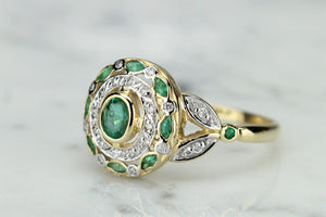 MODERN ART NOUVEAU STYLE EMERALD AND DIAMOND RING ON 9ct YELLOW GOLD