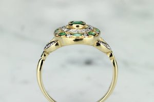 MODERN ART NOUVEAU STYLE EMERALD AND DIAMOND RING ON 9ct YELLOW GOLD