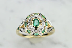 MODERN ART NOUVEAU STYLE EMERALD AND DIAMOND RING ON 9ct YELLOW GOLD