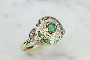 MODERN ART NOUVEAU STYLE EMERALD AND DIAMOND RING ON 9ct YELLOW GOLD