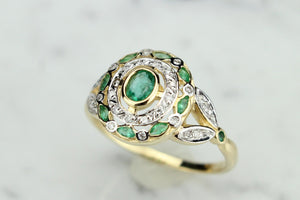 MODERN ART NOUVEAU STYLE EMERALD AND DIAMOND RING ON 9ct YELLOW GOLD