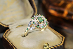 MODERN ART NOUVEAU STYLE EMERALD AND DIAMOND RING ON 9ct YELLOW GOLD