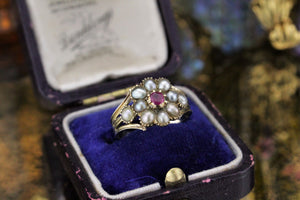 ANTIQUE GEORGIAN c1830-37 RUBY AND SEED PEARL CLUSTER RING ON 18ct YELLOW GOLD