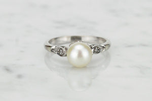 ORIGINAL ART DECO c1930 PEARL & DIAMOND RING ON 18ct WHITE GOLD