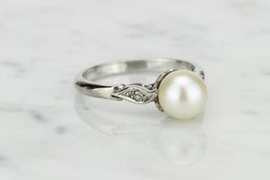 ORIGINAL ART DECO c1930 PEARL & DIAMOND RING ON 18ct WHITE GOLD