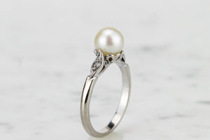 ORIGINAL ART DECO c1930 PEARL & DIAMOND RING ON 18ct WHITE GOLD