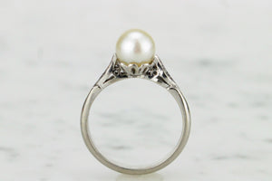 ORIGINAL ART DECO c1930 PEARL & DIAMOND RING ON 18ct WHITE GOLD