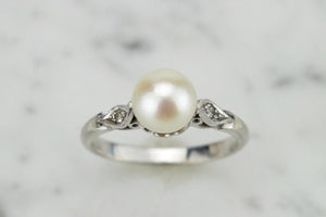 ORIGINAL ART DECO c1930 PEARL & DIAMOND RING ON 18ct WHITE GOLD