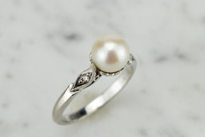 ORIGINAL ART DECO c1930 PEARL & DIAMOND RING ON 18ct WHITE GOLD