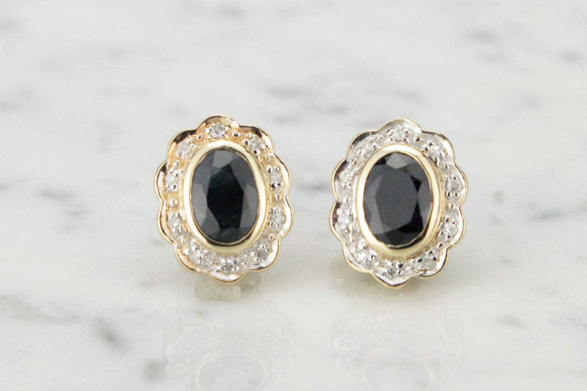 MODERN ESTATE SAPPHIRE & DIAMOND EARRINGS ON 9ct YELLOW & WHITE GOLD