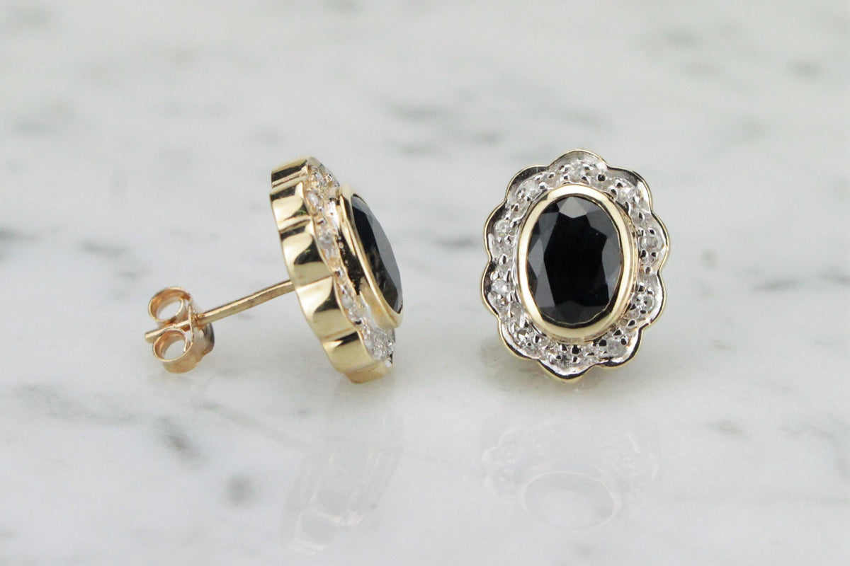 MODERN ESTATE SAPPHIRE & DIAMOND EARRINGS ON 9ct YELLOW & WHITE GOLD