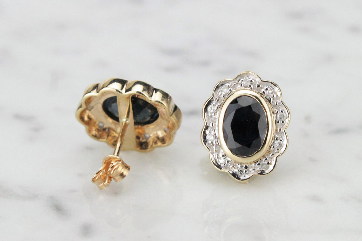 MODERN ESTATE SAPPHIRE & DIAMOND EARRINGS ON 9ct YELLOW & WHITE GOLD