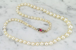 VINTAGE ART DECO c1920-30 PEARL NECKLACE WITH 14ct CLASP SET WITH RUBY & DIAMOND