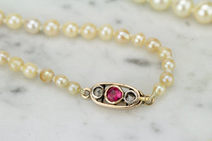 VINTAGE ART DECO c1920-30 PEARL NECKLACE WITH 14ct CLASP SET WITH RUBY & DIAMOND