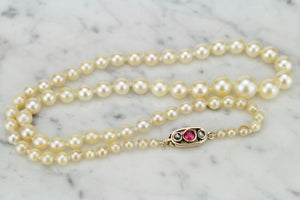 VINTAGE ART DECO c1920-30 PEARL NECKLACE WITH 14ct CLASP SET WITH RUBY & DIAMOND