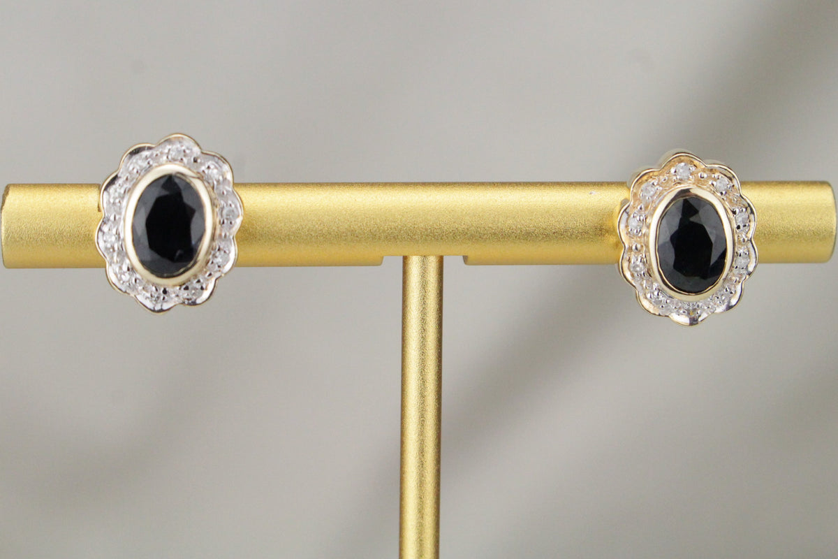 MODERN ESTATE SAPPHIRE & DIAMOND EARRINGS ON 9ct YELLOW & WHITE GOLD