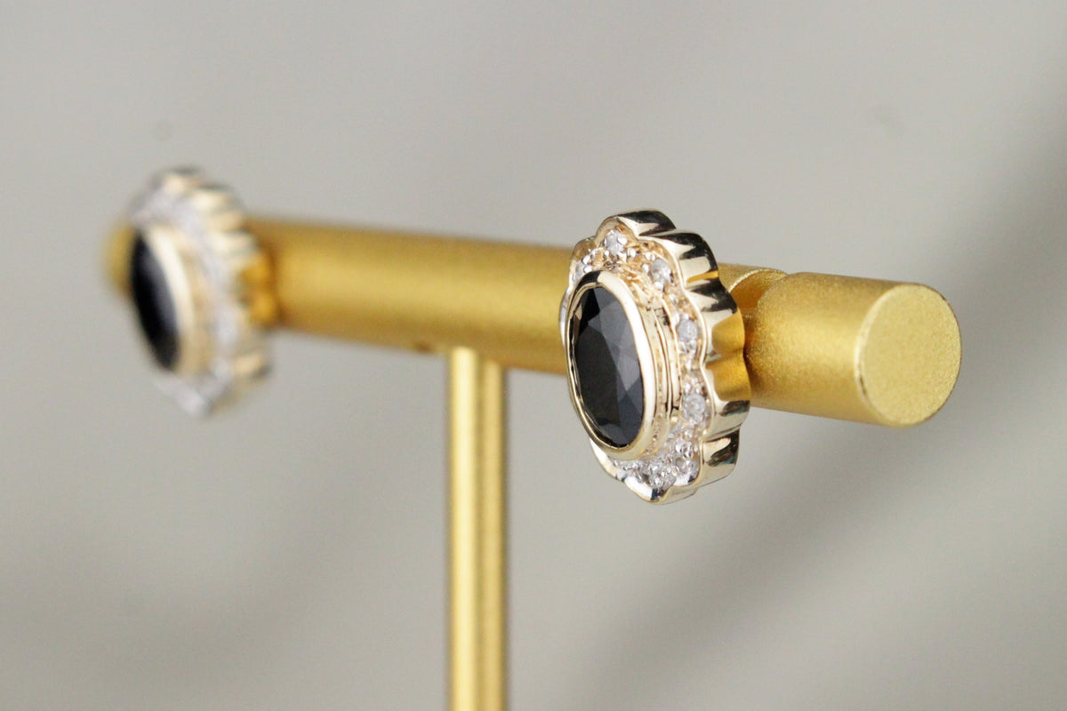 MODERN ESTATE SAPPHIRE & DIAMOND EARRINGS ON 9ct YELLOW & WHITE GOLD