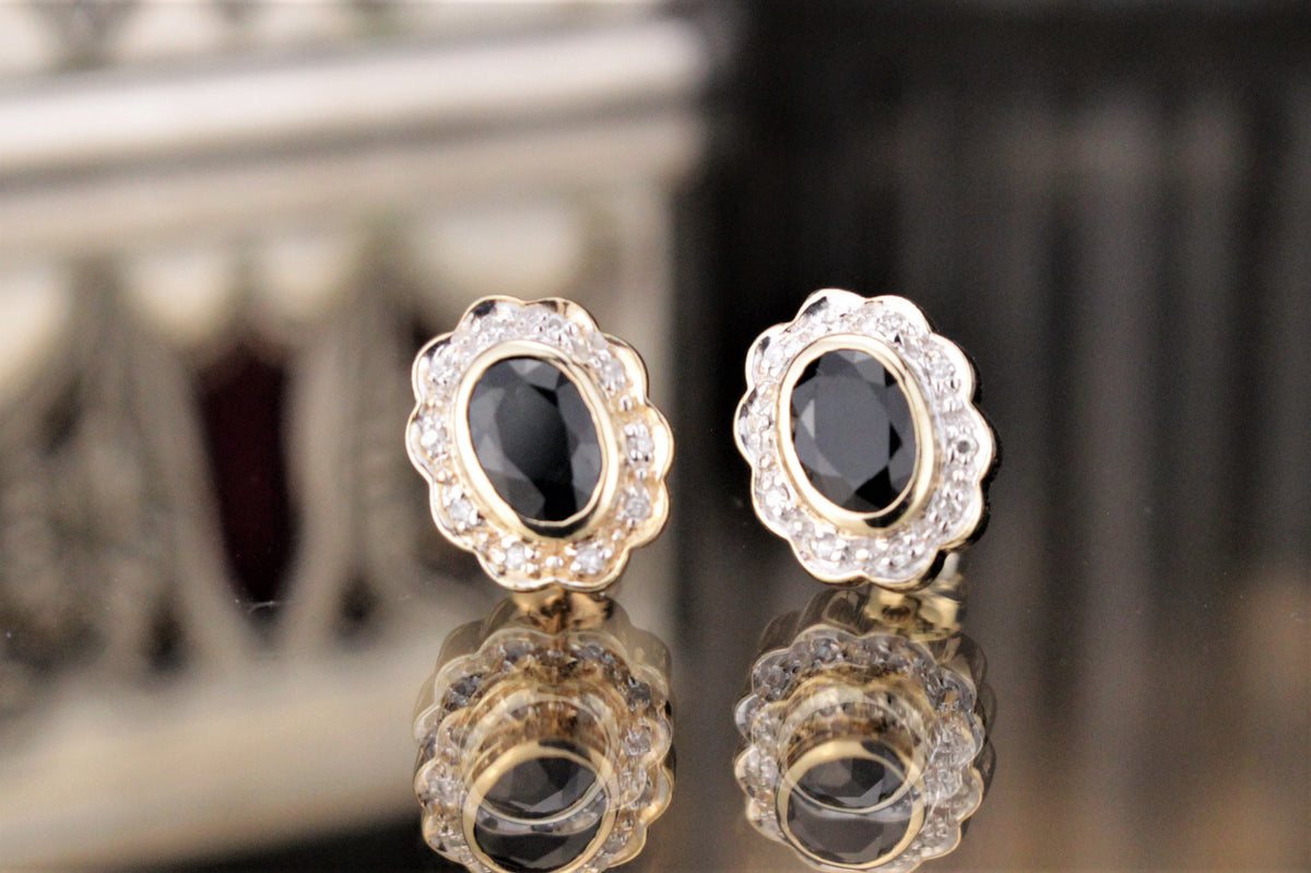 MODERN ESTATE SAPPHIRE & DIAMOND EARRINGS ON 9ct YELLOW & WHITE GOLD