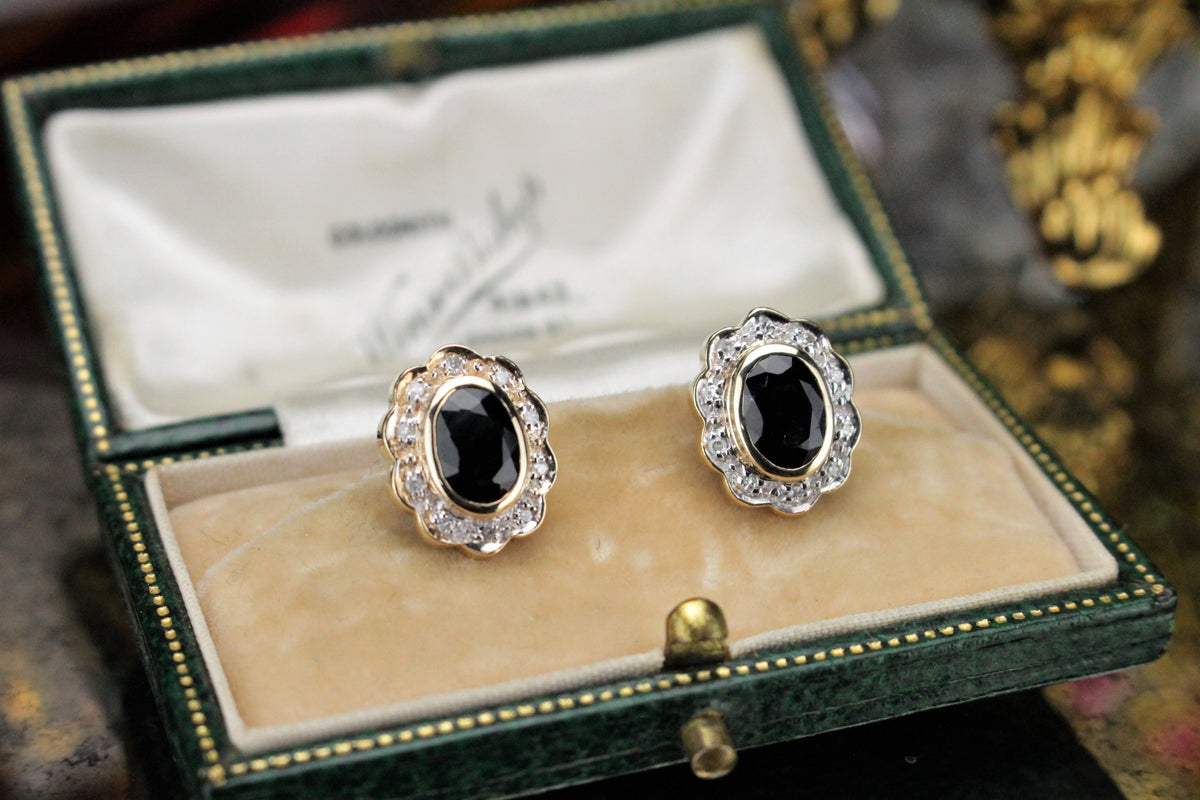 MODERN ESTATE SAPPHIRE & DIAMOND EARRINGS ON 9ct YELLOW & WHITE GOLD