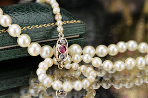 VINTAGE ART DECO c1920-30 PEARL NECKLACE WITH 14ct CLASP SET WITH RUBY & DIAMOND