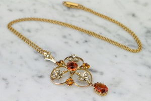 ANTIQUE AUSTRALIAN EDWARDIAN c1910 CITRINE & SEED PEARL LAVALIERE ON ORIGINAL CHAIN 9ct YELLOW GOLD