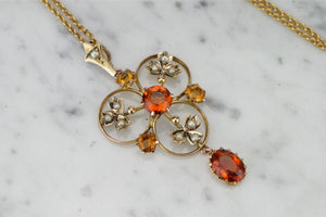 ANTIQUE AUSTRALIAN EDWARDIAN c1910 CITRINE & SEED PEARL LAVALIERE ON ORIGINAL CHAIN 9ct YELLOW GOLD