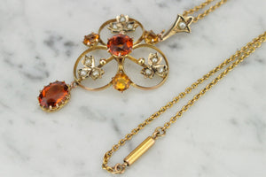 ANTIQUE AUSTRALIAN EDWARDIAN c1910 CITRINE & SEED PEARL LAVALIERE ON ORIGINAL CHAIN 9ct YELLOW GOLD