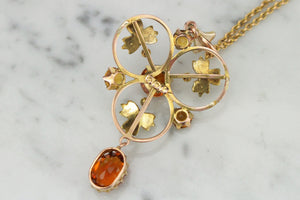 ANTIQUE AUSTRALIAN EDWARDIAN c1910 CITRINE & SEED PEARL LAVALIERE ON ORIGINAL CHAIN 9ct YELLOW GOLD