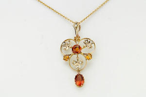 ANTIQUE AUSTRALIAN EDWARDIAN c1910 CITRINE & SEED PEARL LAVALIERE ON ORIGINAL CHAIN 9ct YELLOW GOLD