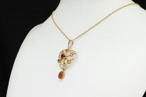 ANTIQUE AUSTRALIAN EDWARDIAN c1910 CITRINE & SEED PEARL LAVALIERE ON ORIGINAL CHAIN 9ct YELLOW GOLD