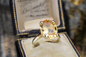 MID CENTURY c1960’s 5.9ct CITRINE COCKTAIL RING ON 9ct YELLOW GOLD