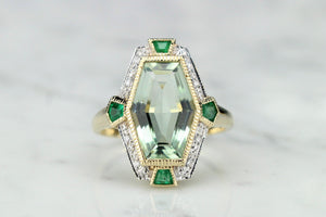MODERN ART DECO STYLE 4.2ct PRASIOLITE, EMERALD & DIAMOND COCKTAIL RING ON 9ct YELLOW GOLD