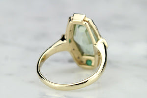 MODERN ART DECO STYLE 4.2ct PRASIOLITE, EMERALD & DIAMOND COCKTAIL RING ON 9ct YELLOW GOLD