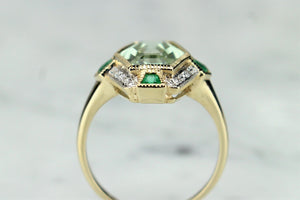 MODERN ART DECO STYLE 4.2ct PRASIOLITE, EMERALD & DIAMOND COCKTAIL RING ON 9ct YELLOW GOLD