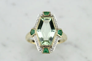 MODERN ART DECO STYLE 4.2ct PRASIOLITE, EMERALD & DIAMOND COCKTAIL RING ON 9ct YELLOW GOLD