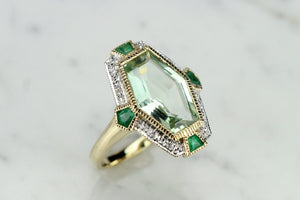 MODERN ART DECO STYLE 4.2ct PRASIOLITE, EMERALD & DIAMOND COCKTAIL RING ON 9ct YELLOW GOLD