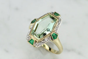MODERN ART DECO STYLE 4.2ct PRASIOLITE, EMERALD & DIAMOND COCKTAIL RING ON 9ct YELLOW GOLD
