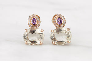 MODERN SMOKY QUARTZ, AMETHYST & DIAMOND EARRINGS ON 9ct ROSE GOLD